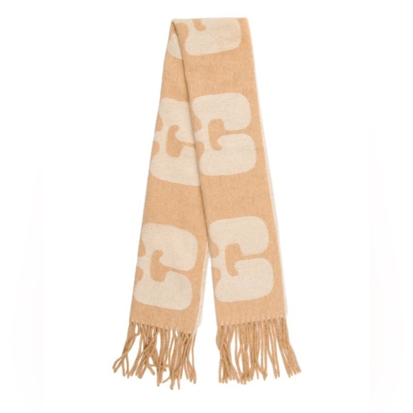 Ganni Accessories - GANNI Wool Logo Scarf – Camel & Cream Neutral • Fringe • 100% Wool